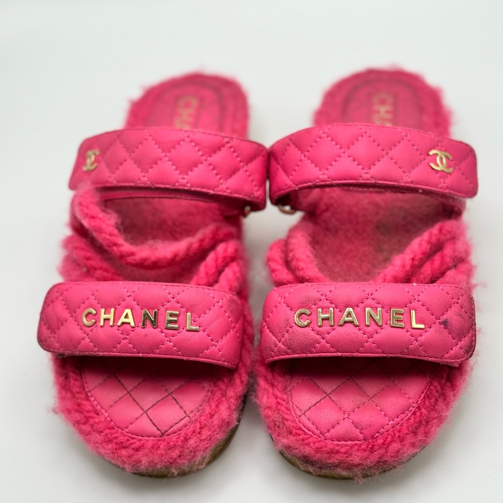 Chanel Cord Lambskin Quilted Logo Sandals 37 Pink